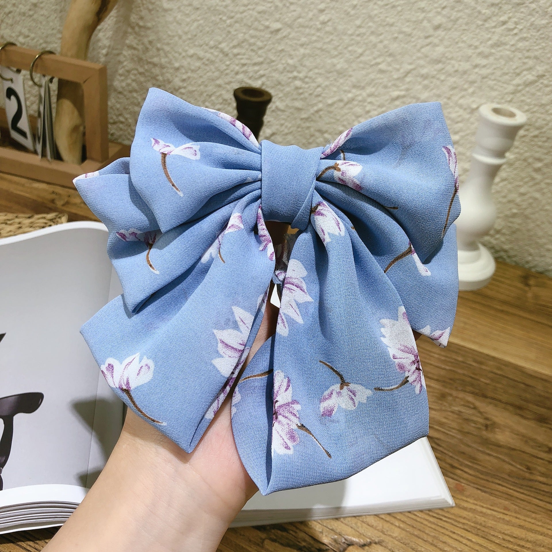 Wholesale Three-layer Floral Large Bow Fabric Chiffon Back Head Spring Clip